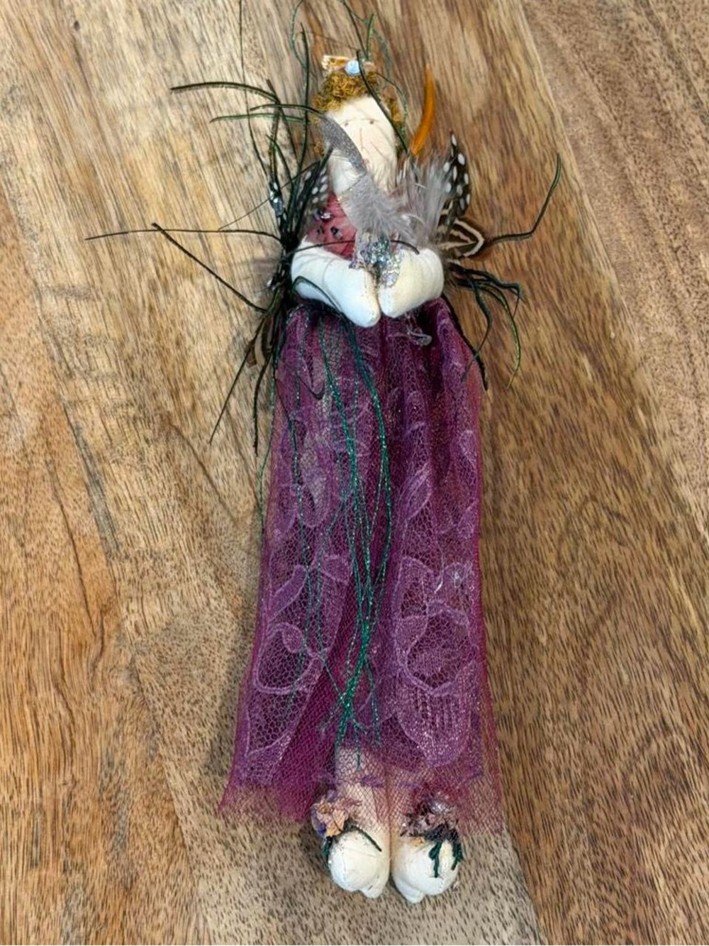 Handmade Whimsical Lace Feathered Art Doll 9”